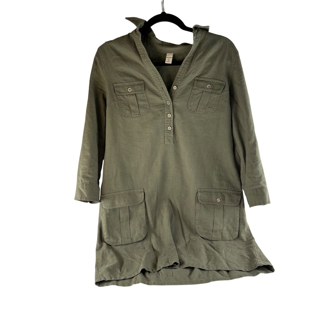 Old Navy Womens Olive Green Linen Blend Utility Tunic Dress Size M 3/4 Sleeve